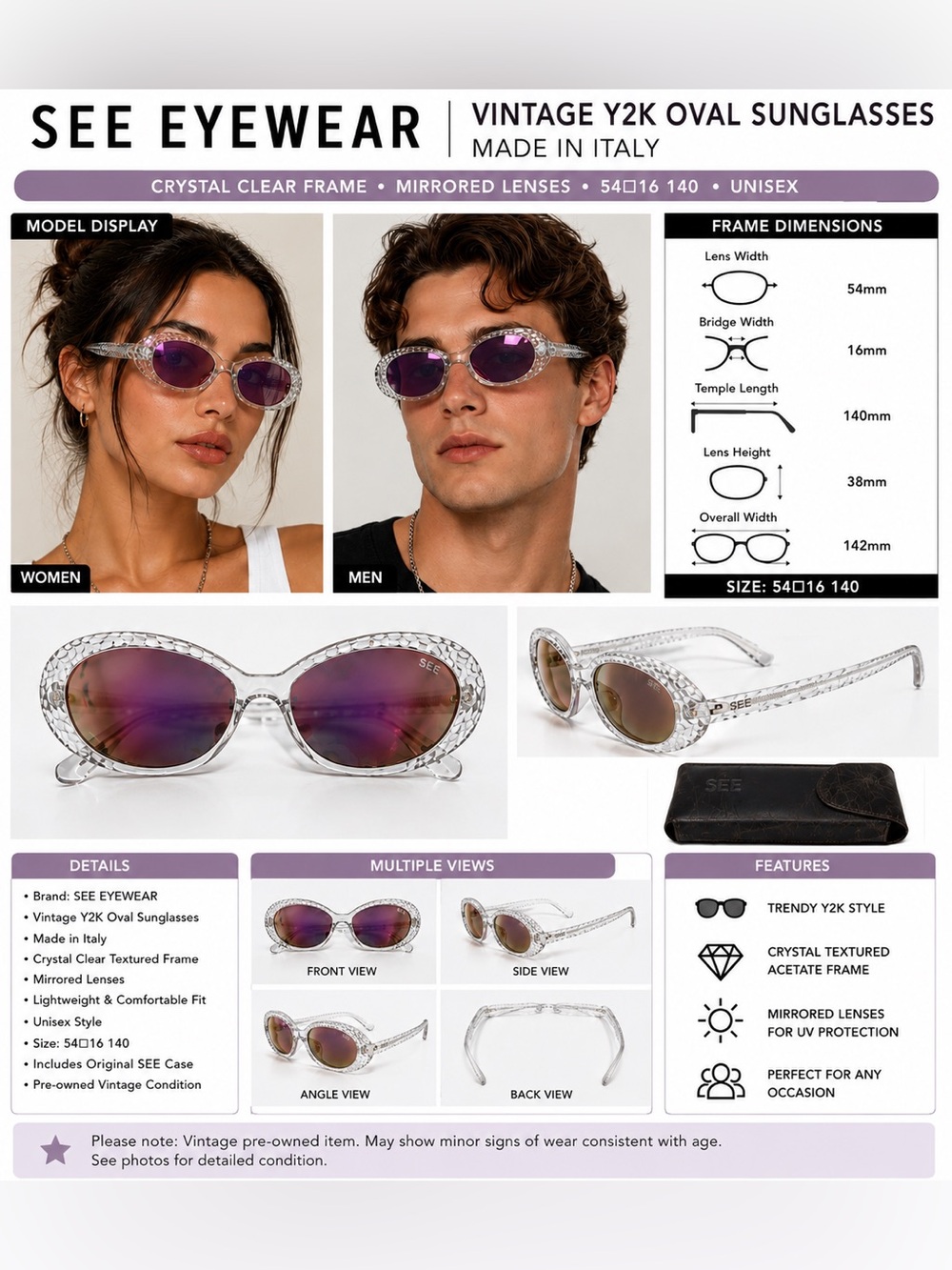 SEE Eyewear Vintage Y2K Crystal Oval Sunglasses Mirrored Lenses Size 54-16-140